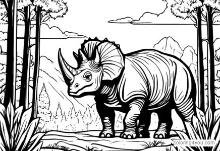 Triceratops roheliste puude ja päikeselise taevaga metsas