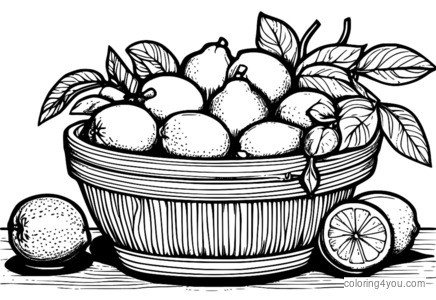 Winter seasonal fruit basket coloring page with oranges, lemons, and kiwis