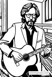 Eric Clapton tocando una guitarra de blues, rodeado de guitarras y partituras.