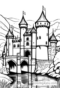 Coloriage Château médiéval avec guérite et pont-levis