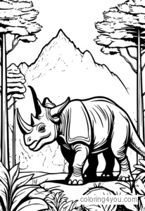 En triceratops i en skov med grønne træer og en solrig himmel