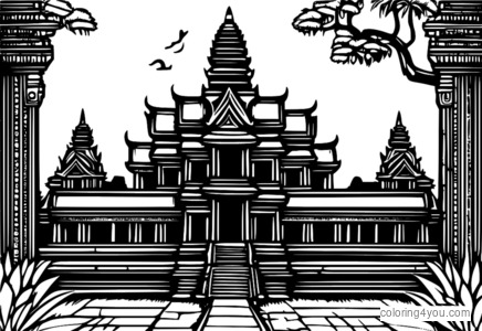 Illustrazione dettagliata degli intricati dettagli trovati ad Angkor Wat, inclusi intagli e sculture