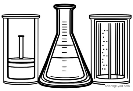 Beaker with chemical formula surrounded by colorful liquid acids and bases