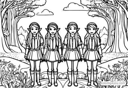 A group of elves and a unicorn standing together in a vibrant rainbow-colored meadow.