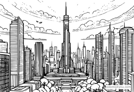 Futuristic skyscraper in city skyline coloring page