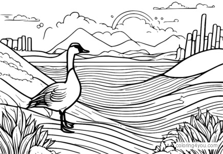 coloriage d'une oie écrivant dans le sable