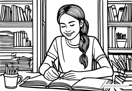 A smiling girl sitting at a desk with a notebook and pen