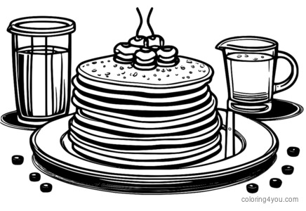 Pancakes coloring page with syrup and butter.