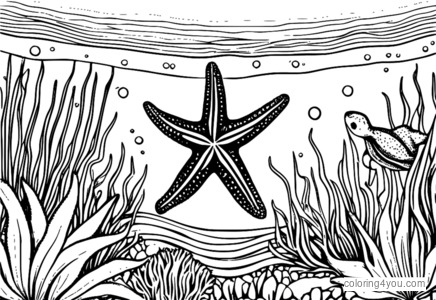 Ilustración caprichosa de una estrella de mar en un jardín de algas