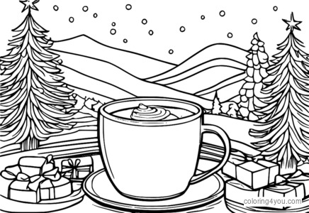 Tree hot chocolate coloring page with marshmallows