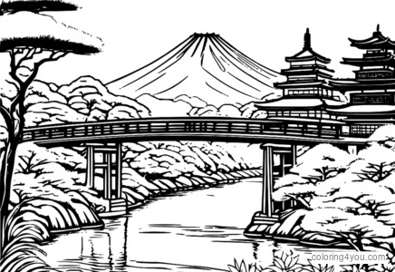 Colorful illustration of the Zenpo-michi Bridge in Kyoto, Japan