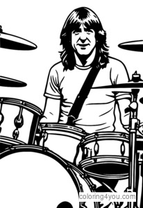 illustrazione colorata del batterista degli AC/DC Phil Rudd che suona la batteria.