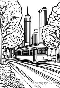 A drawing of a trolley car operating in a park or leisure area.