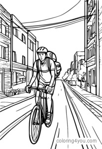 Illustrazione minimalista di un fattorino in bicicletta che consegna in una strada panoramica