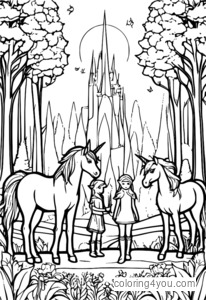 A group of elves and a unicorn standing together in a vibrant rainbow-colored meadow.