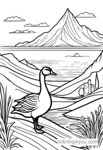 coloriage d'une oie écrivant dans le sable