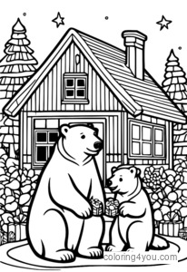 Gingerbread Polar Bears Coloring Page - Polar Bears Decorating Gingerbread House