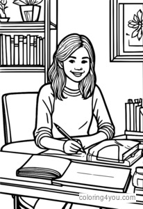 A smiling girl sitting at a desk with a notebook and pen