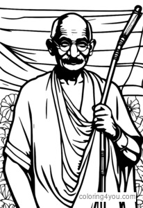 Mahatma Gandhi jalutuskepiga, India lipu ees seismas, rahumeelse ja sihikindla ilmega.