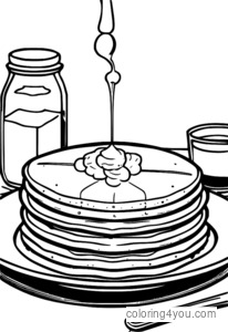 Pancakes coloring page with syrup and butter.