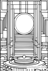 farvelægningsside med polaroidrammer, cirkler og firkanter i et lagdelt geometrisk formdesign