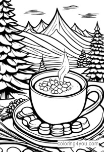 Dibujo para colorear de chocolate caliente de árbol con malvaviscos