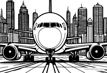 Coloring page of an airliner taking off from the runway