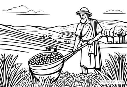 Ancient Greek farmer using a hook-shaped plow in a field with olives trees.