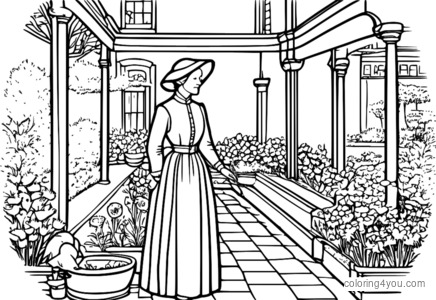 Desenho de Florence Nightingale cuidando de um jardim para colorir