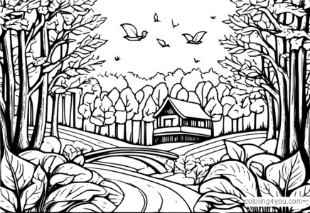 Funny autumn scene blowing leaves coloring page