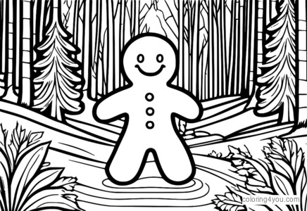 Um boneco de gengibre alegre com um belo sorriso, parado em uma floresta nevada com alguns esquiadores por perto.