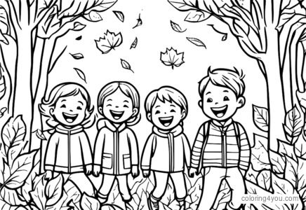 Feliz ilustración de niños riendo en un montón de hojas de otoño