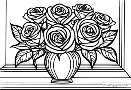 desenho de Rosas de coração para o Dia dos Namorados ao lado de um vaso para colorir