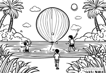 illustration colorée d'enfants profitant d'un combat de ballons d'eau lors d'une chaude journée d'été.