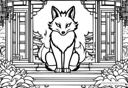 Twelve-tailed Kitsune in a traditional Asian temple - majestic illustration