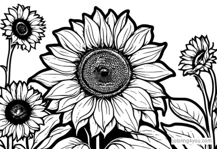 Coloring page of a sunflower in a spring garden