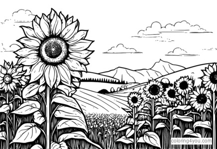 Un'illustrazione colorata di un campo di girasoli in un prato con fiori che sbocciano.