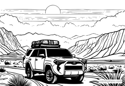 Illustratie van een Toyota 4Runner die door de woestijn rijdt op weg naar een schilderachtige bergpas