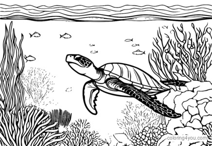 Coloring page of a gentle sea turtle and a shark on a coral reef