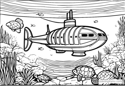 Glänsande ubåt omgiven av sköldpaddor