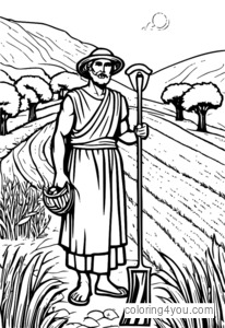 Ancient Greek farmer using a hook-shaped plow in a field with olives trees.