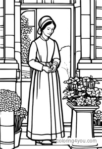 Desenho de Florence Nightingale cuidando de um jardim para colorir