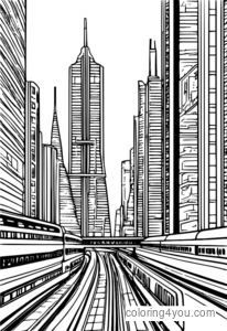 Futuristic transportation skyscraper in city coloring page