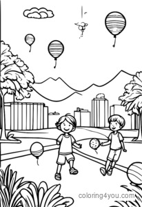 illustration colorée d'enfants profitant d'un combat de ballons d'eau lors d'une chaude journée d'été.