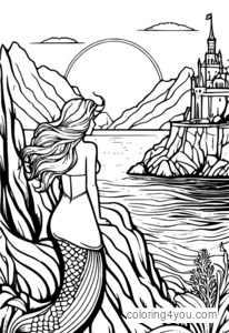 Mermaid standing on cliff overlooking sunset with castle in background