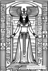 Nephthys, godin van de dood, omringd door hiërogliefen en oude geschriften.