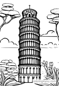 Pagina Zen da colorare Torre pendente di Pisa per rilassarsi e alleviare lo stress