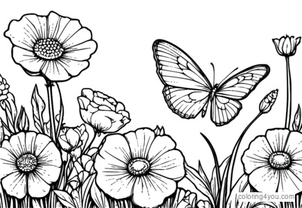 Dibujos para colorear de una mariposa bebiendo el néctar de una flor en un macizo de flores.