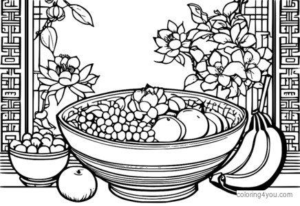 Bowl of Chinese fruits and flowers