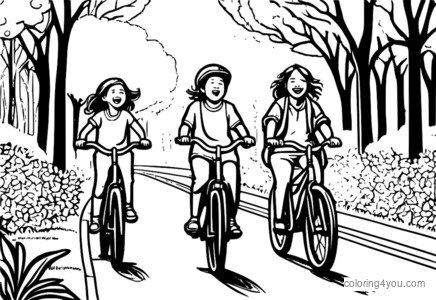 Una famiglia di tre persone va in bicicletta in un parco